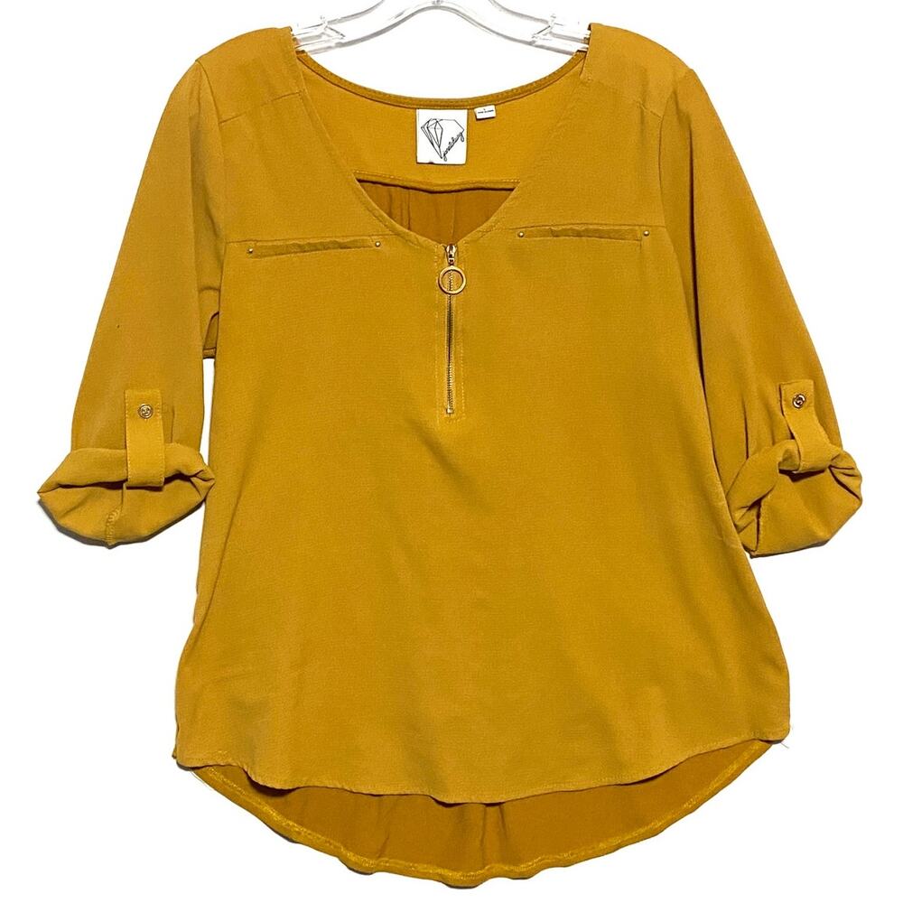 Janet Chung Mustard Yellow Blouse Top L Roll Tab Zip Neck Career Flowy Boho Fall